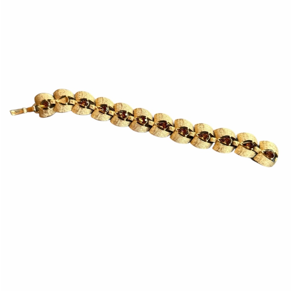 1950s/60s Karu Arke Inc. Gold-Tone Metal Domed Link Bracelet w/Brown Stones & Fo
